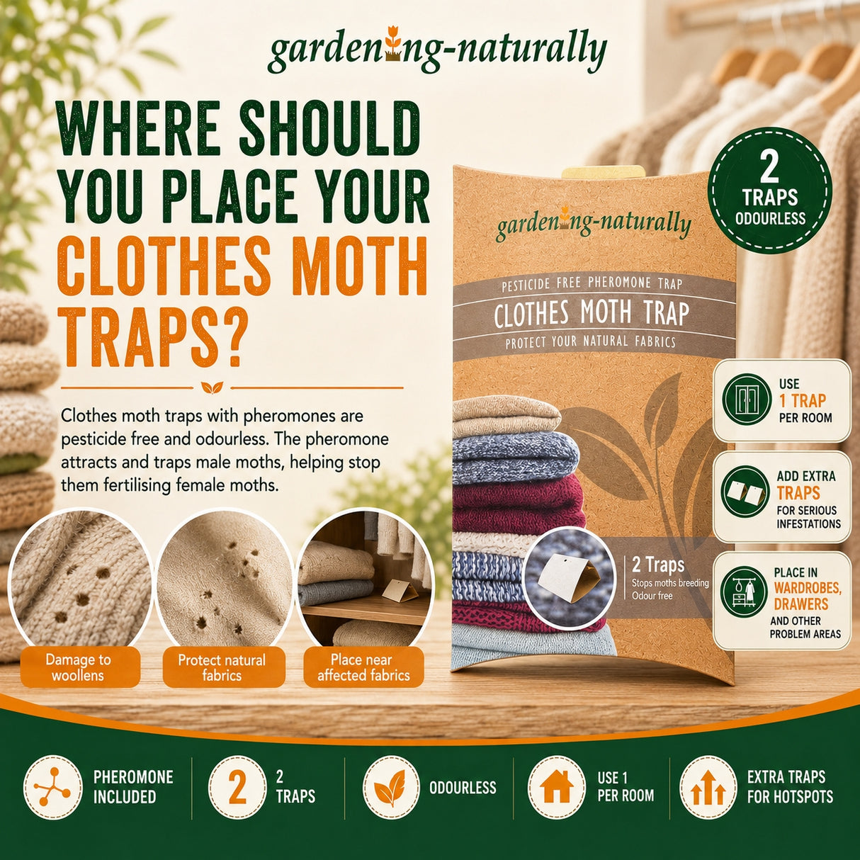 Advertisement for gardening naturally clothes moth traps with product packaging and usage instructions.