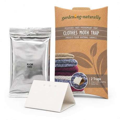 Clothes moth trap packaging with a silver packet on a white background
