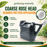 A black plastic coarse rose head watering can with a spout and handle, shown on a light background with promotional text and a circular inset showing the spray nozzle. The text reads 'garden-naturally' and 'COARSE ROSE HEAD DESIGNED FOR EVEN APPLICATION' with feature icons for precise coverage, gentle flow, suitable for delicate plants, and sturdy for regular use.