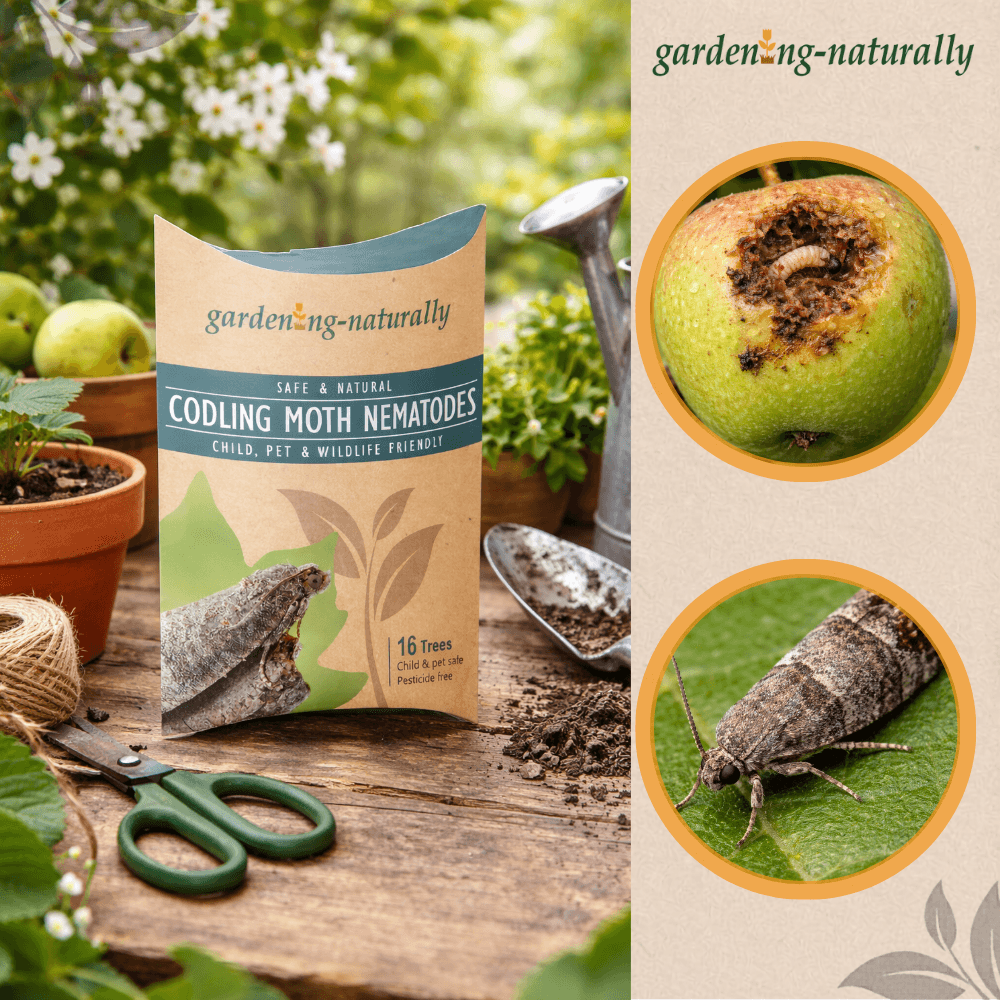 Gardening naturally product packaging with images of a moth and a nematode on a natural background.