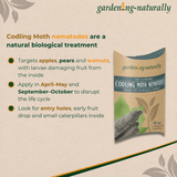 Gardening Naturally codling moth nematodes packaging with text on a beige background