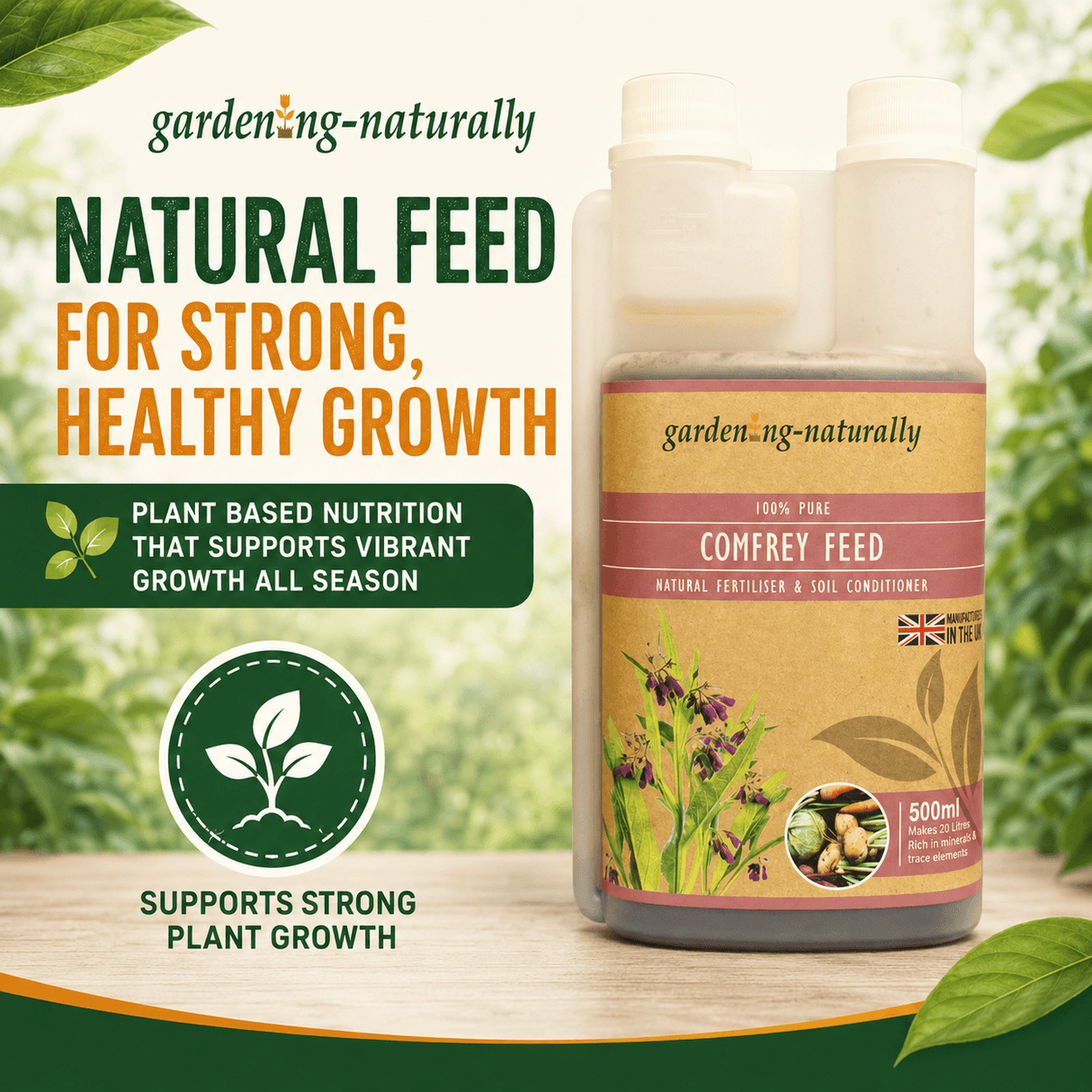 Gardening Naturally Comfrey Feed bottle with text about plant-based nutrition on a natural background
