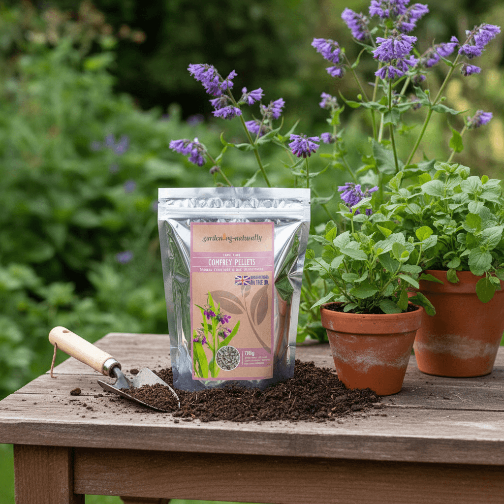 Compost pellets packaging with potted plants on a wooden table outdoors
