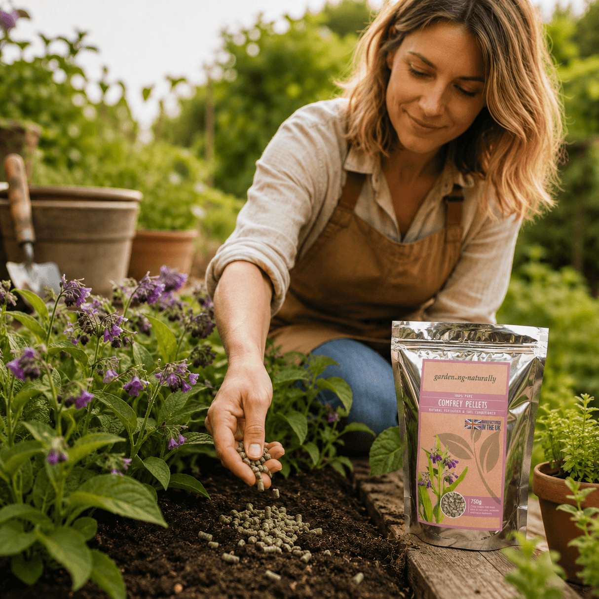Woman planting seeds in a garden with a packet of seeds in front of her.