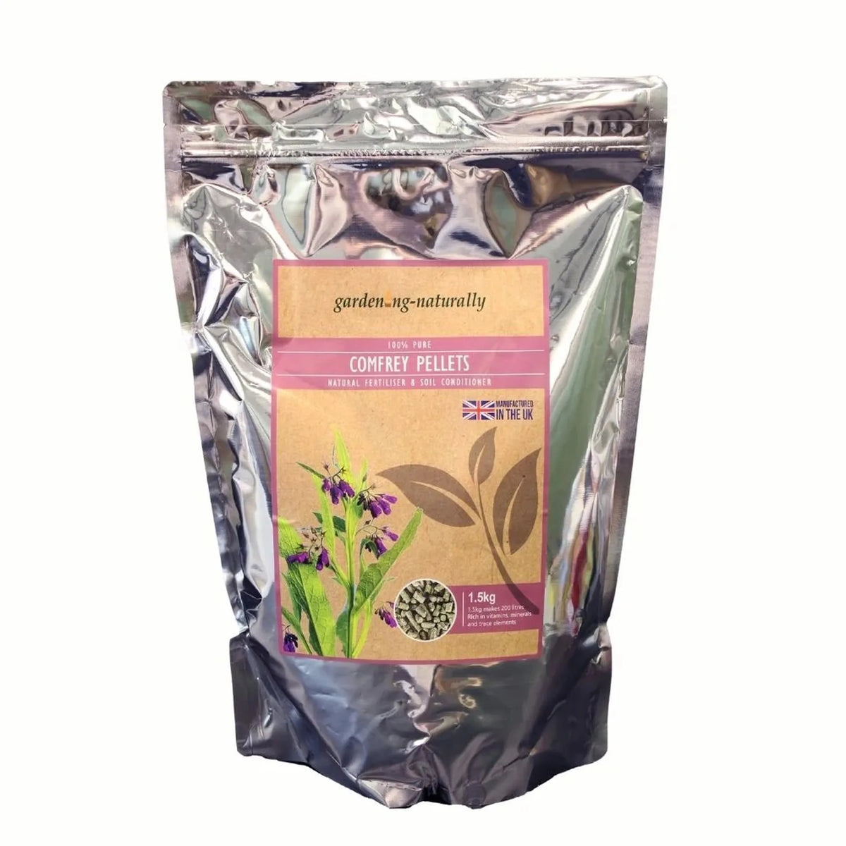 A silver resealable stand-up pouch of gardening naturally Comfrey Pellets, featuring a front label with purple flowers, green leaves, and a small Union Jack flag.