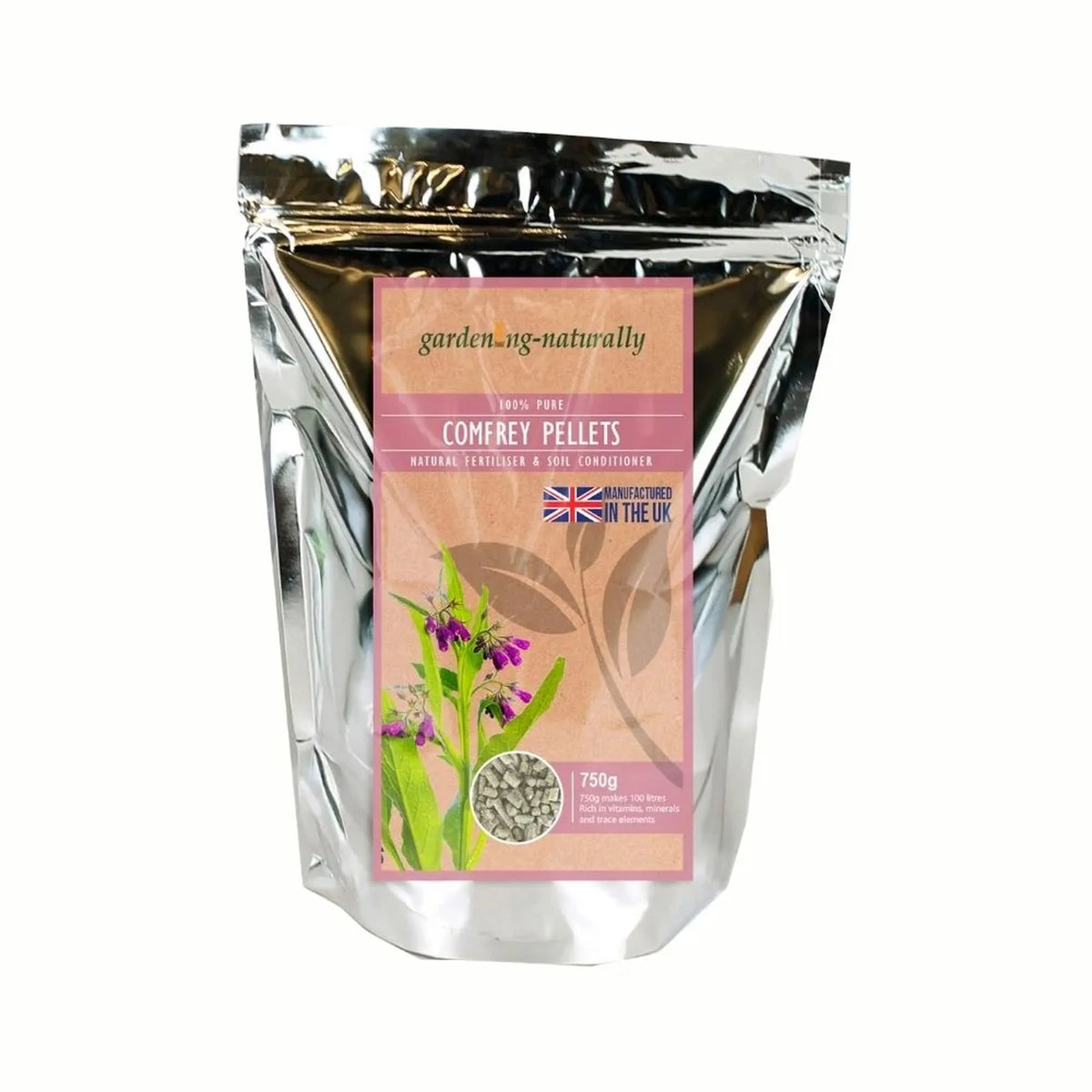 A stand-up silver resealable pouch of gardening-naturally Comfrey Pellets, featuring a pink label with a comfrey plant illustration and a small Union Jack indicating British origin.