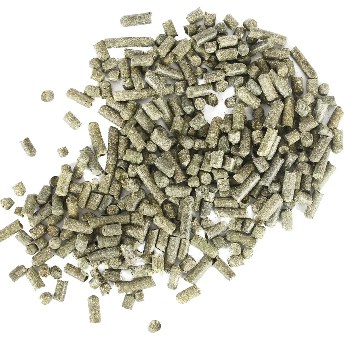A pile of small cylindrical wood pellets in a natural light brown color, scattered on a plain white background.