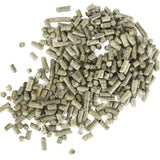 A pile of small cylindrical wood pellets in a natural light brown color, scattered on a plain white background.