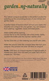 Back label of a compost accelerator with text and branding details.