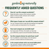 Gardening naturally compost accelerator FAQ sheet with icons and text.