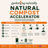 Advertisement for a natural compost accelerator with product details and usage instructions.
