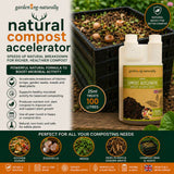 Advertisement for natural compost accelerator with product packaging and benefits listed.