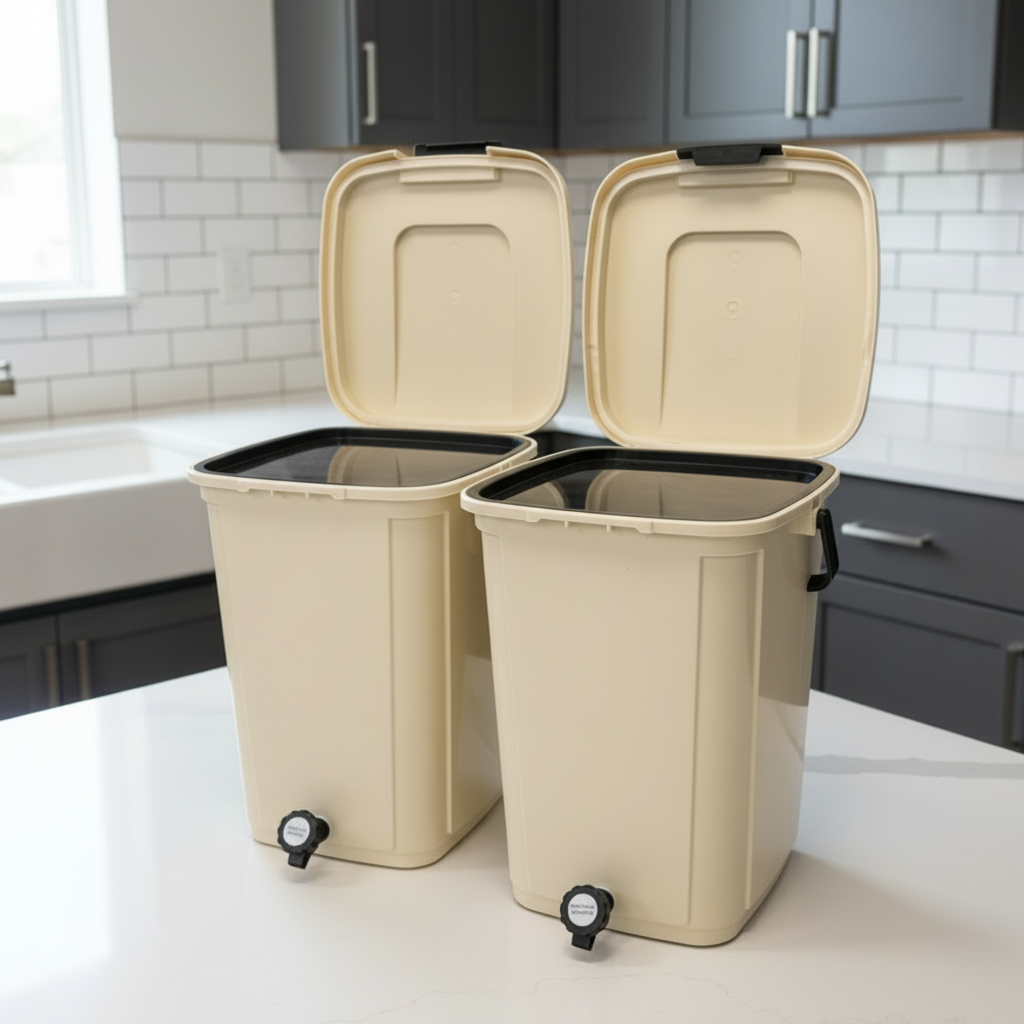 bokashi bin with trays in beige