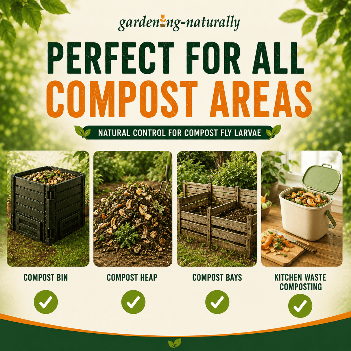 Advertisement for composting products with images of compost bins, heaps, and bays.