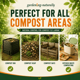 Advertisement for composting products with images of compost bins, heaps, and bays.
