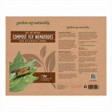 Package of compost fly nematodes with branding and product details on a brown background