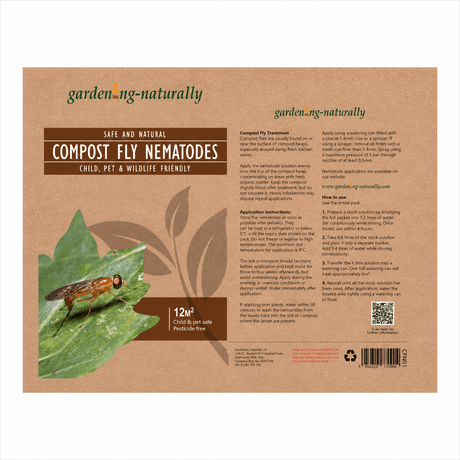 Package of compost fly nematodes with branding and product details on a brown background