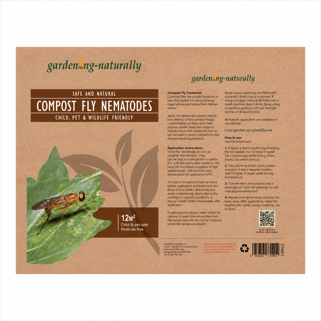 Package of compost fly nematodes with branding and product details on a brown background