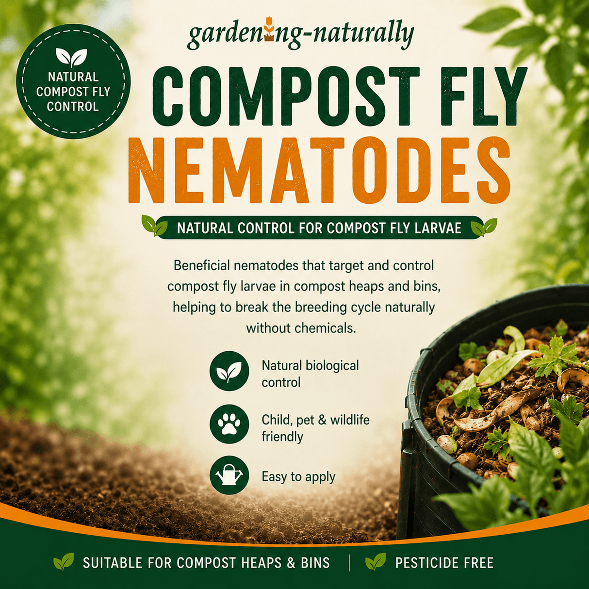 Advertisement for compost fly nematodes with text and a blurred compost heap in the background.