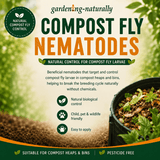 Advertisement for compost fly nematodes with text and a blurred compost heap in the background.