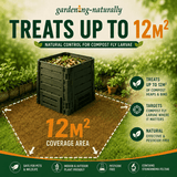 Gardening product for compost fly larvae control with text on coverage area and benefits.