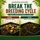 Advertisement for compost fly larvae control with before and after images of compost.