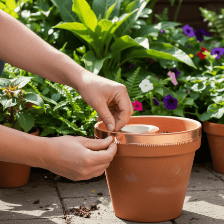 slug and snail serrated tape being applied to plant pot