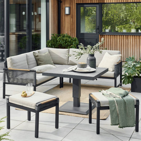 Outdoor garden set featuring big cushions and good decoration, perfect for outdoor gatherings