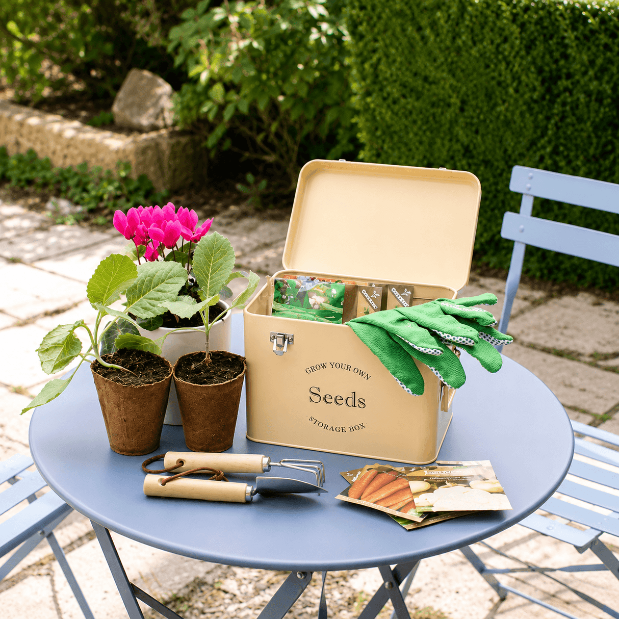 Gardening kit with seed storage box, plants, gloves, and tools on a table outdoors.