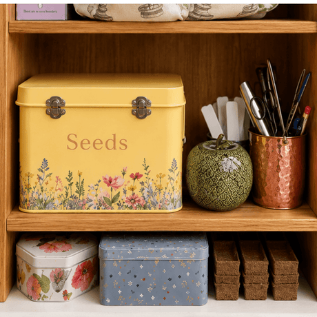 A cream metal seed storage box with 'Seeds' printed on the front and a floral border design, displayed on a wooden shelf alongside other decorative storage containers.