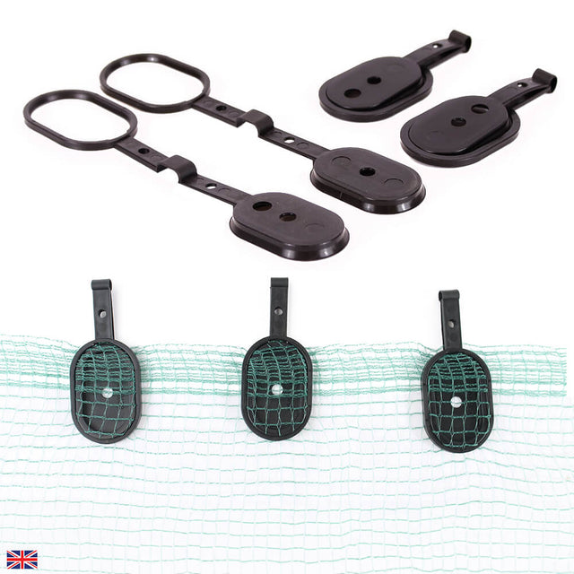 Set of black plastic straps with green mesh on a white background