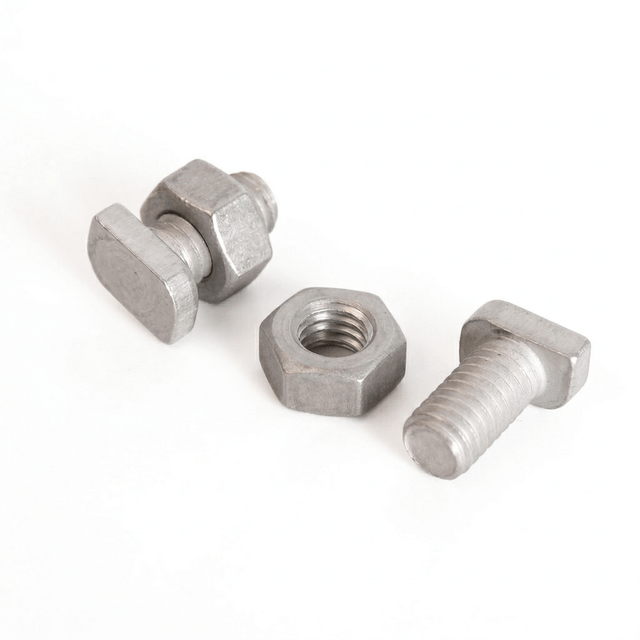 Three metal bolts and nuts on a white background