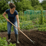 A woman gardening in a lush green vegetable patch, using a wooden-handled garden fork to turn dark soil. She is wearing a navy blue t-shirt, blue jeans, and dark green rubber boots.