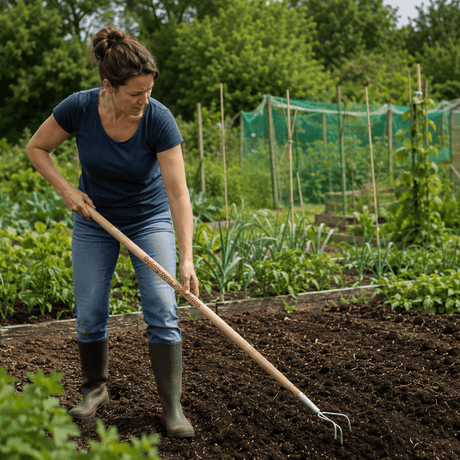 A woman gardening in a lush green vegetable patch, using a wooden-handled garden fork to turn dark soil. She is wearing a navy blue t-shirt, blue jeans, and dark green rubber boots.