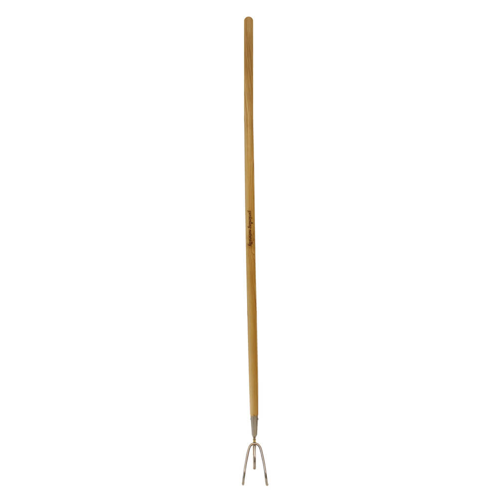 Long-handled garden tool with a wooden handle and metal prong on a white background