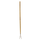Long-handled garden tool with a wooden handle and metal prong on a white background