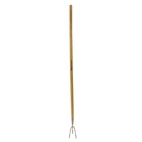 Long-handled garden tool with a wooden handle and metal prong on a white background