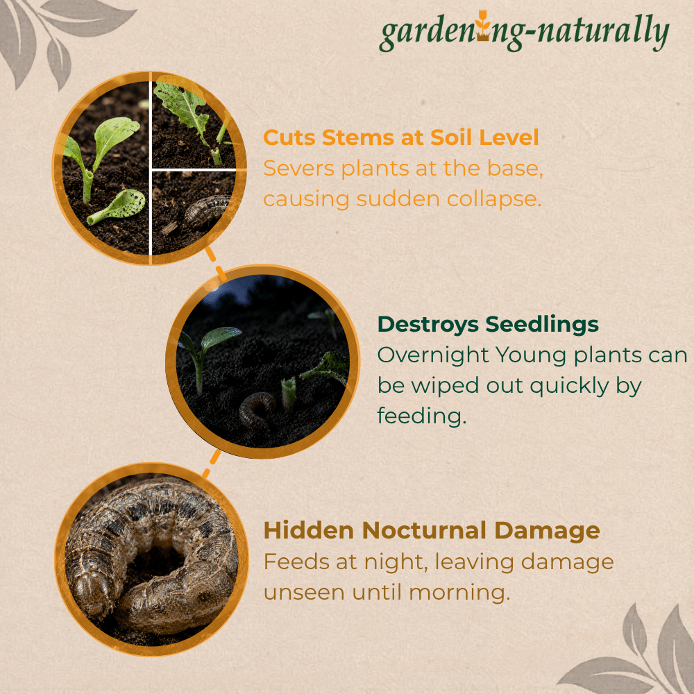 Gardening infographic detailing the damage caused by a pest, with text and images of plants and a caterpillar.
