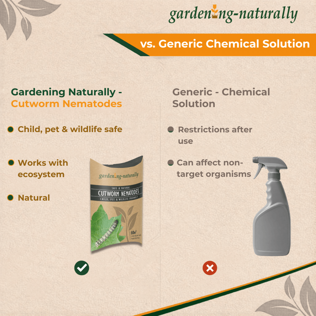 Comparison chart between Gardening Naturally cutworm nematodes and a generic chemical solution on a beige background.
