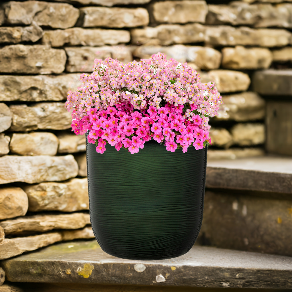 dark green flower pot with pink flowers