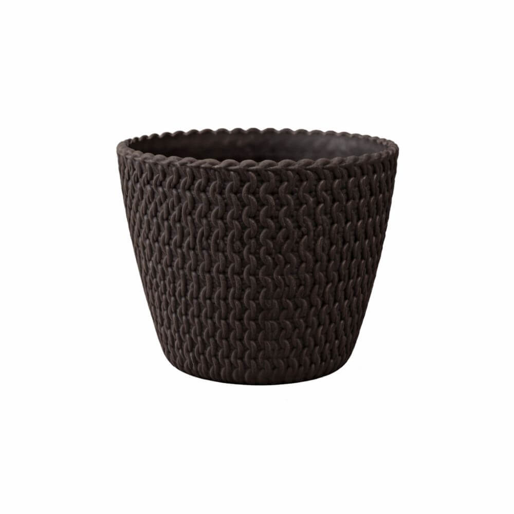Dark grey woven basket on a white background