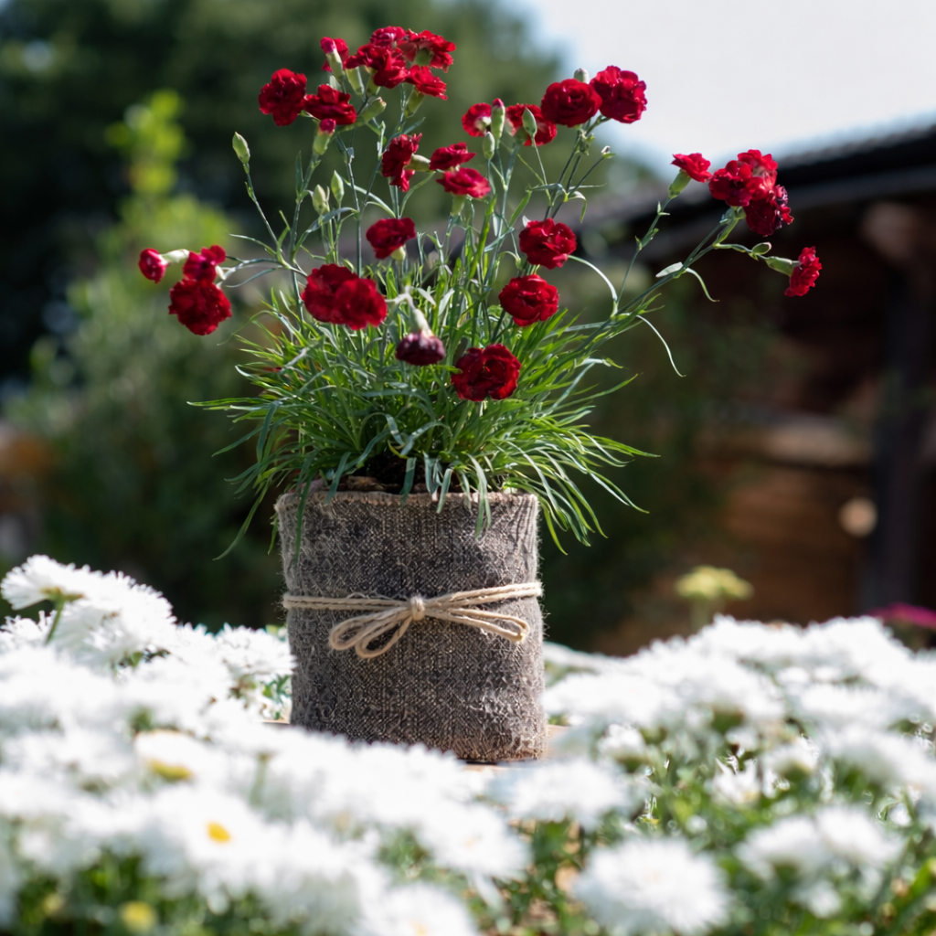 Potted plant with red flowers in a garden setting