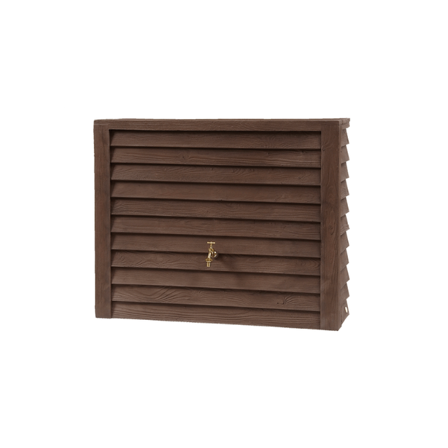 A brown wood effect 350 litre water butt designed to look like an outdoor cupboard with a brass thread tap on the front.