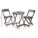 2 chairs and table set in a darker wood, on white background with dimensions