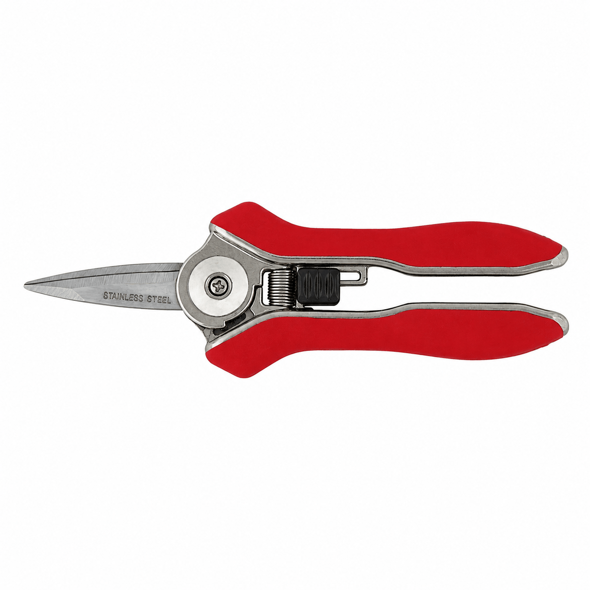 Red and silver scissors on a white background