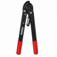 Pair of black and red pruning shears on a white background