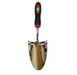 A stainless steel hand trowel with a black and red ergonomically designed rubber handle, and a depth gauge for gardening.
