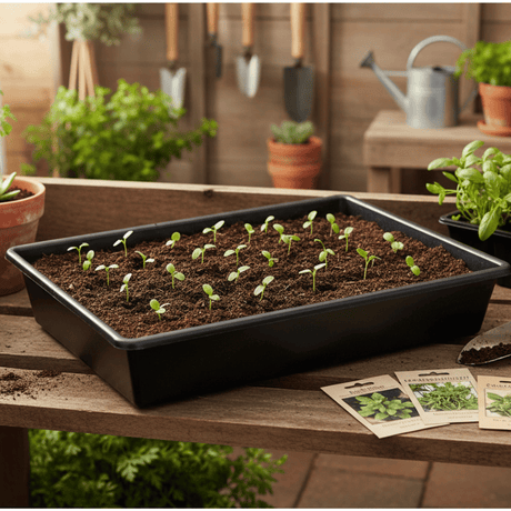 Seedlings in a black tray on a wooden table with gardening tools and plants in the background.