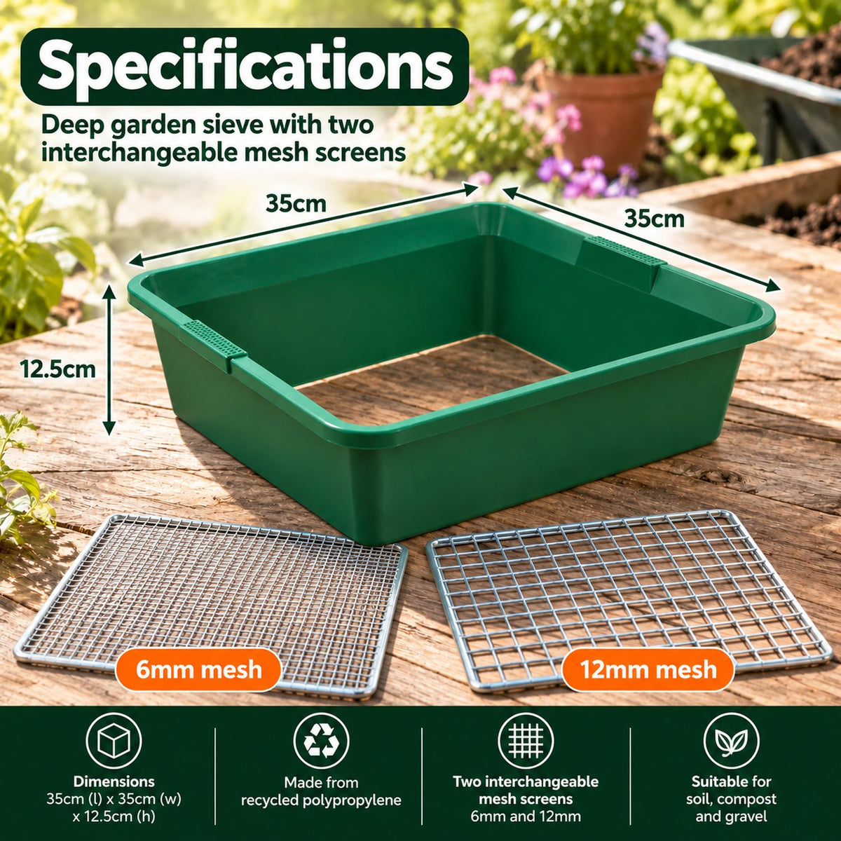Deep garden sieve 35cm x 35cm x 12.5cm with interchangeable 6mm and 12mm mesh screens