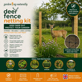 Deer fence netting kit with a deer in the background, featuring text and graphics about the product's benefits.